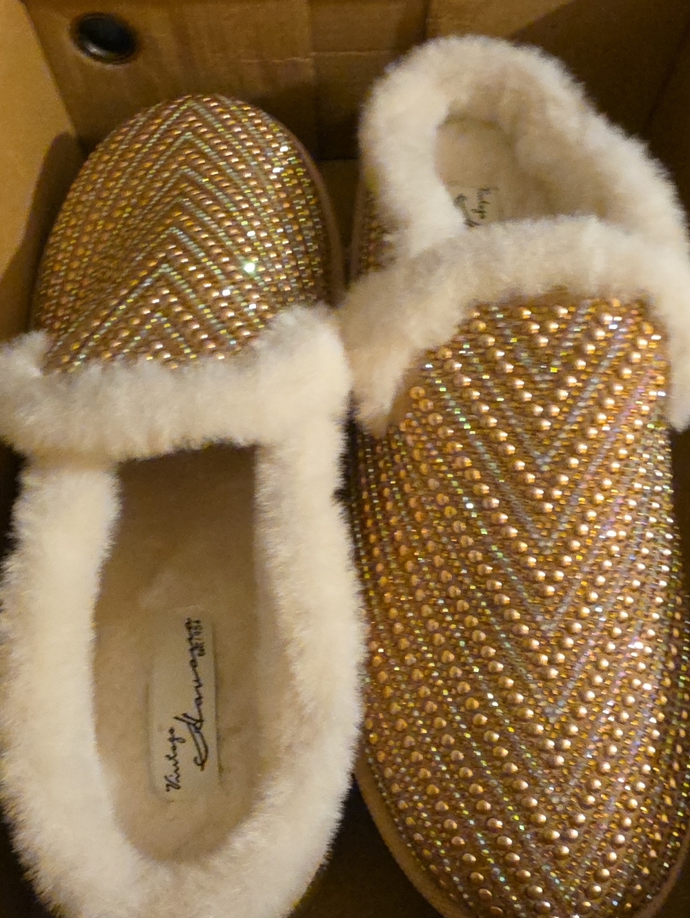 Nib Glitter Crystal Faux-Fur Slip-On Platform Vintage Havana Gold Shoes 10